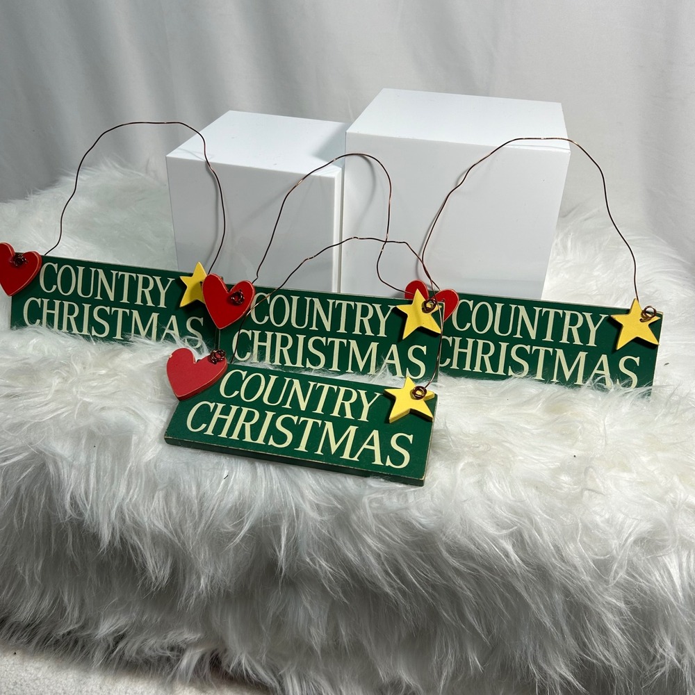 Set of 4 Rustic Country Christmas Wood Ornaments Hearts Yellow Stars